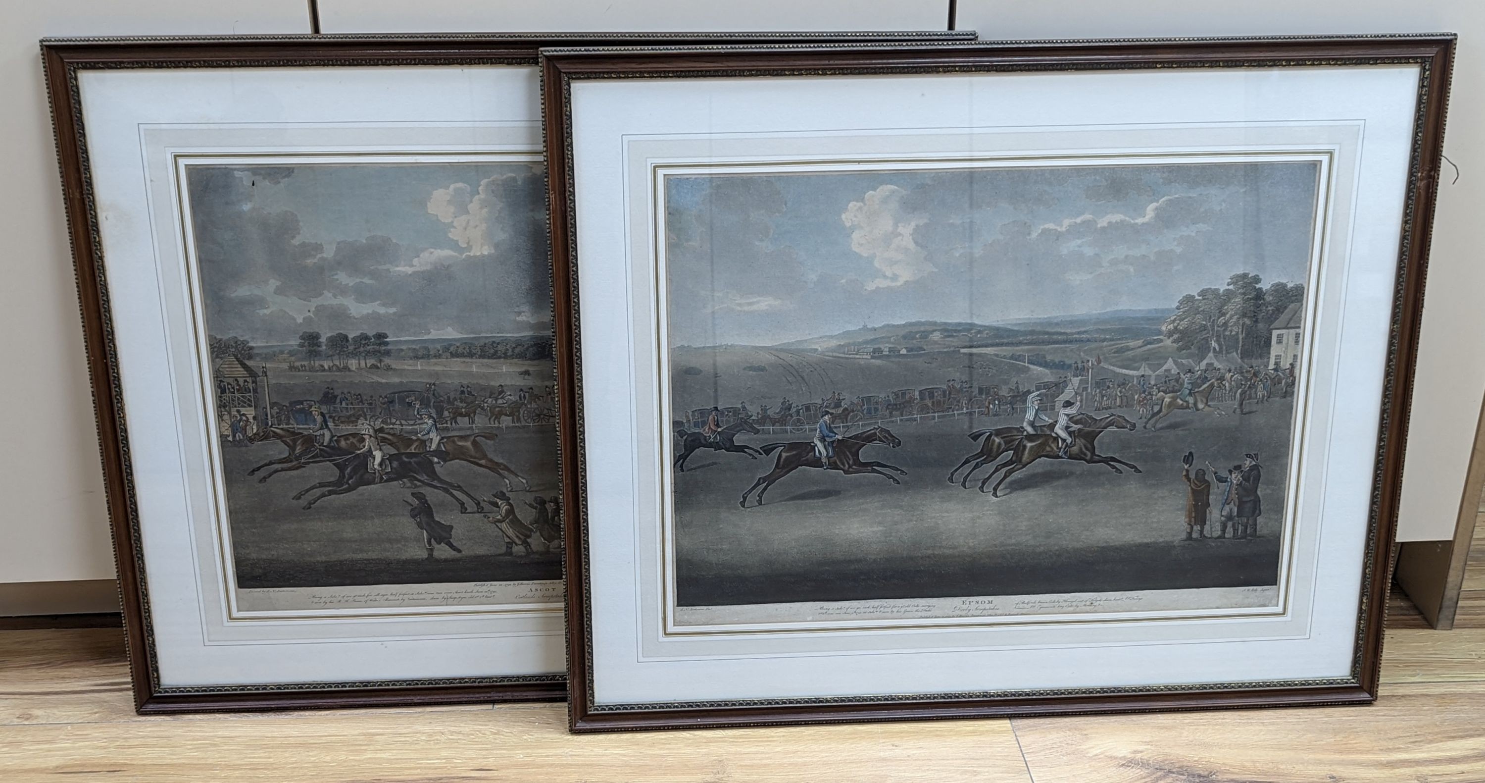 J. Edy after F.N. Sartorious. pair of coloured aquatints, ‘’Ascot’’ and ‘’Epsom’’ 1792, 39 x 54cm